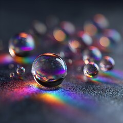 Abstract image featuring luminous water beads with intense color gradients on a shimmering fabric background
