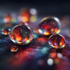 Close-up of vibrant spherical droplets with glossy reflections and sparkling colors on multicolored textile