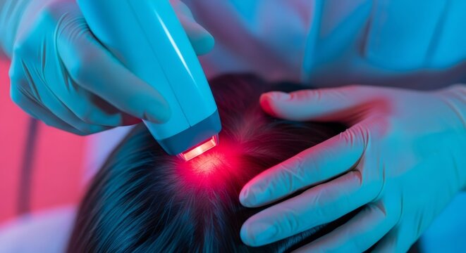 Woman getting low level laser therapy on scalp for hair growth. Treatment for alopecia and hair loss concept.
