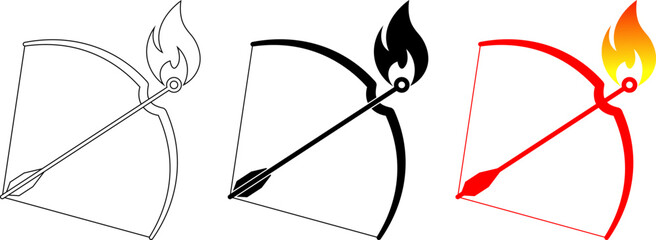 Bow and arrow with fire flame icon set, symbol of power, war, passion and energy in vector style