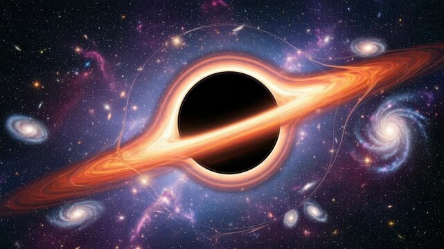 colossal black hole encircled by bright orange-red accretion disk dominates vibrant cosmic scene Glittering stars colorful nebulae and spiral galaxies fill the gravitationally warped deep space backgr - Powered by Adobe