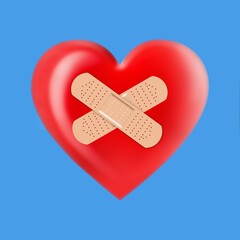 A heart design has two adhesive bandages crossing on the surface in a 3-d illustration about heart surgery or about heart break and romance.