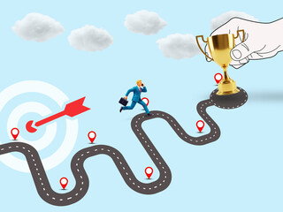 Running the Road to Success with Determination and Focus, Miniature businessman chases trophy along winding path with milestones