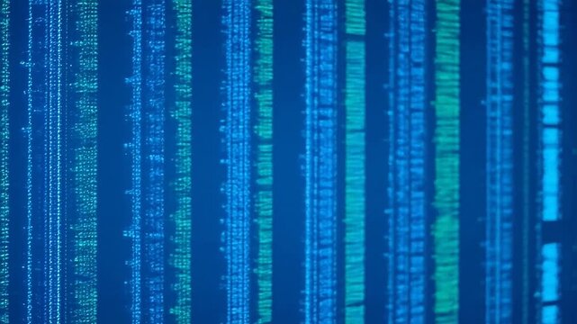 Cybernetic matrix of streaming data with glowing green and blue information on a dark digital background