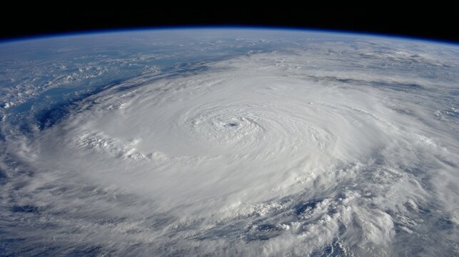 Dramatic hurricane formation viewed from space, showcasing swirling clouds over the ocean.