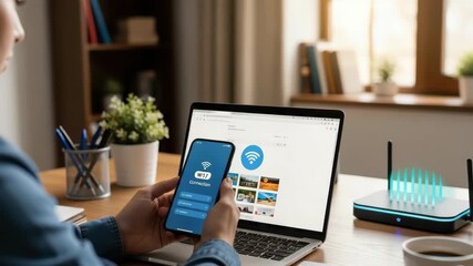 Person controls network via smartphone app interacting with webpage on laptop Blue-lit router emits signal waves Coffee cup and home office elements in background - Powered by Adobe