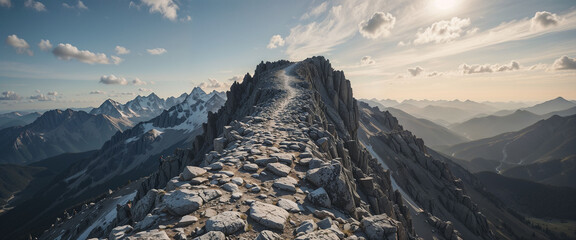Extreme ridge walk on razor-thin mountain edge