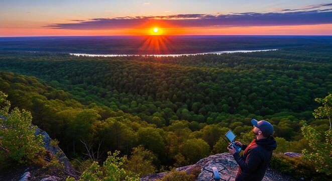 Drone pilot overseeing expansive woodland sunset panorama from elevated rocky perch