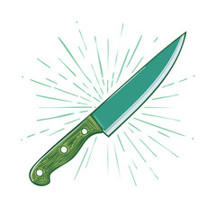 A vibrant green chef's knife illustration with radiating lines signifying culinary precision and sharp kitchen expertise