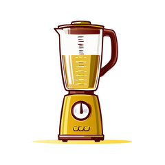 Cartoon illustration of a vintage yellow blender appliance filled with a healthy smoothie or juice.