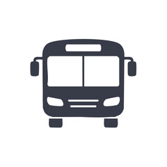 Simple dark gray silhouette icon of a front view public transport bus or coach vehicle