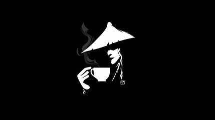 Stylized black and white illustration of a mysterious figure in a traditional conical hat enjoying a steaming cup of hot coffee or tea.