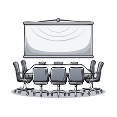 Professional empty boardroom illustration with meeting table, ergonomic swivel chairs, and presentation screen for business discussions.