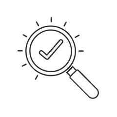 Magnifying glass with checkmark outline icon representing search success and confirmed solution