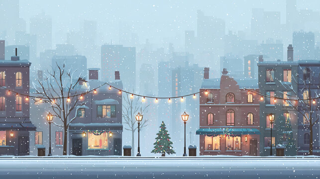 Festive Snowy Cityscape with Street Lights and Holiday Decorations on Transparent Background