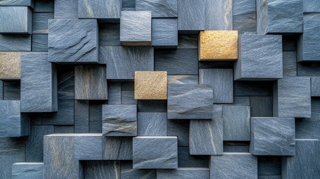Abstract Stone Wall: Textured Cubes with Gold Accents, Architectural Detail.