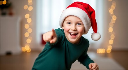 Excited Child Pointing with Santa Hat