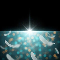 Dreamy Surreal White Feathers Floating with Glowing Bokeh