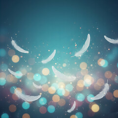 Dreamy Surreal White Feathers Floating with Glowing Bokeh