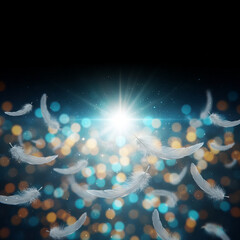 Dreamy Surreal White Feathers Floating with Glowing Bokeh