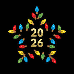 Bright holiday lights arranged in a cheerful design for the year 2026 on a black background