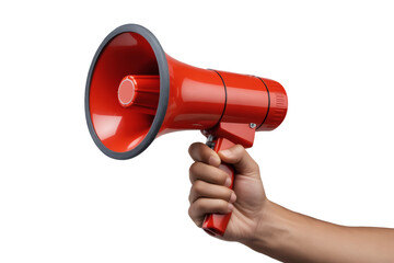 Fototapeta premium Vibrant red megaphone held firmly by a hand, ready to amplify announcements for urgent messages and public speaking events.