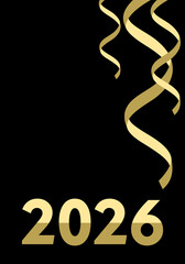 Celebration decoration featuring golden ribbons and the year 2026 highlighted in bold text against a black background