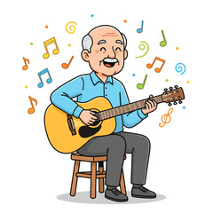 Old Man Playing Guitar Surrounded by Music Notes 