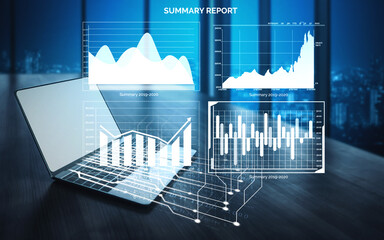 This image features a modern laptop displaying a summary report with various data visualizations in...