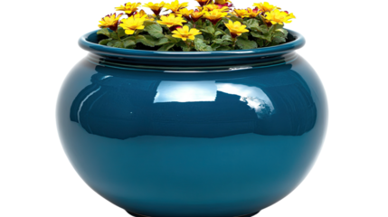Vibrant yellow primrose flowers in a glossy teal blue ceramic pot, blooming with fresh green leaves, isolated on a clean background.. No Background PNG