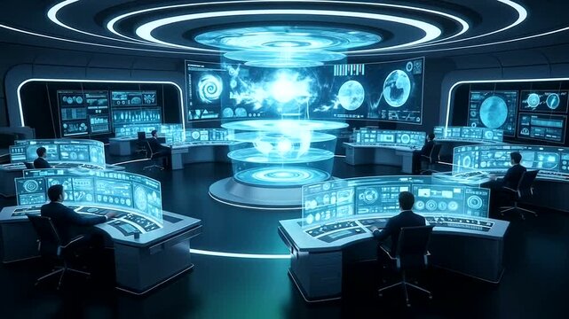 Futuristic Command Center with Holographic Displays and Data Analysis Hub Scenery