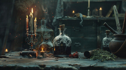 Mystical alchemist laboratory with candles, glowing potions, ancient books and magical artifacts in atmospheric dark fantasy setting