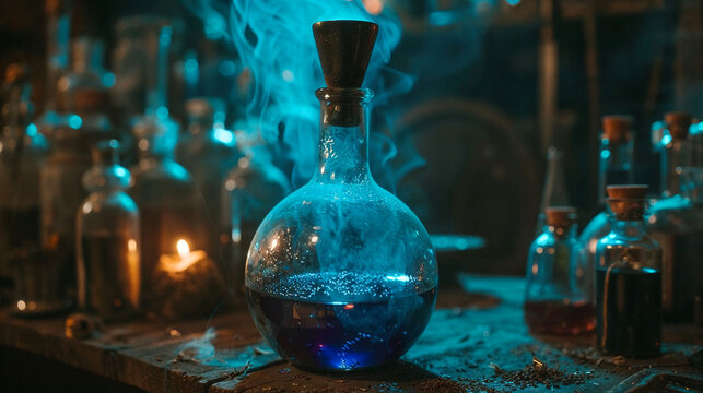 Mysterious glass flask filled with glowing blue liquid on a wooden table, surrounded by smoke, candles, and vials in a dimly lit alchemy workshop.