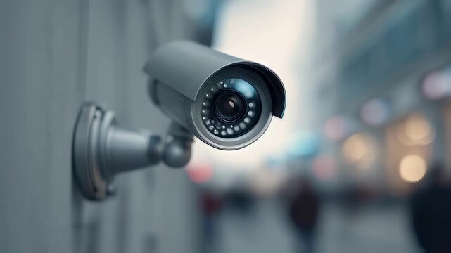 Medium shot of a modern security camera mounted on a wall sharply focused against a blurred background highlighting advanced theft deterrence technology.
