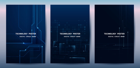 Tech Poster Set. Futuristic Digital Circuit Board Technology Background