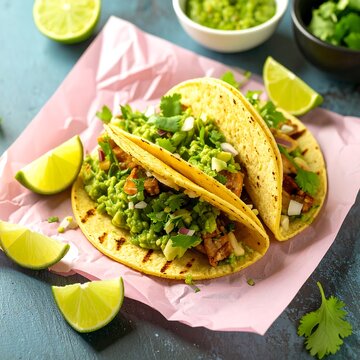 Two grilled tacos with guacamole, cilantro, and onions