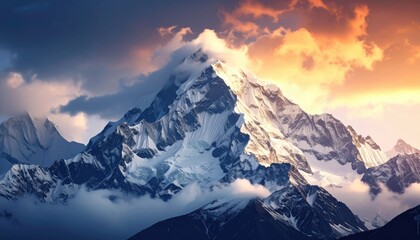 Pixelated Mountain Peak Under Dramatic Cloudscape With Golden Sunlight Snow Covered Slopes Detailed Landscape And Warm Hues For Use As A Blocky Textured Background