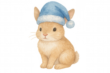 Cute watercolor rabbit wearing blue winter hat, creating festive holiday animal illustration on transparent background