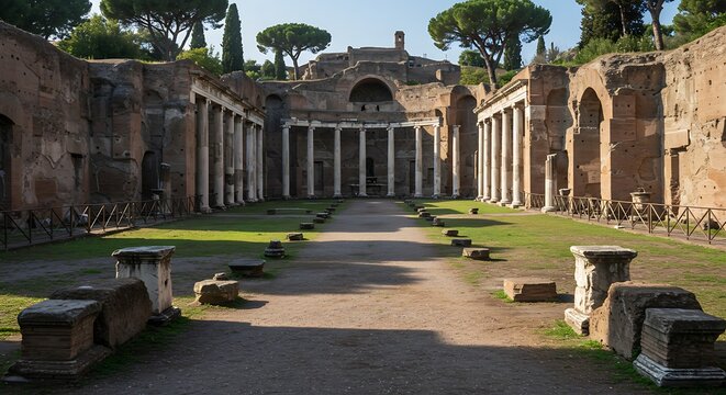 Ancient architectural structure with columns and greenery under sunlight