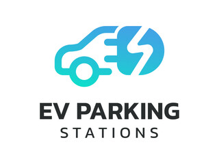 EV Parking Stations with overlapping EV Charging Connector plug in Car outline symbols vector design concept. EV charging logotype symbol for Electric Car, EV station, ui, parking, infographic, web.