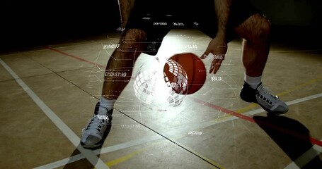 Male basketball player dribbling on court, activating rotating data overlay for sports analytics - Powered by Adobe