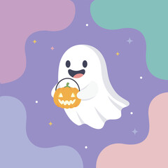 Cute Halloween Ghost Holding a Pumpkin Lantern Flat Kawaii Cartoon Vector Illustration