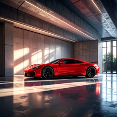 Red sports car in modern garage