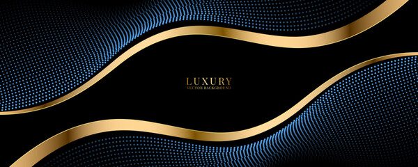 Blue black luxury background on dark space with dotted lines shape effect decoration. Modern graphic design element with golden line waves style concept for web banner, flyer, card, or brochure cover