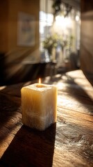 Close Up Candle On Wooden Table With Sunlight