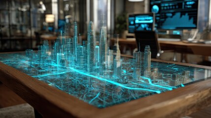 Futuristic cityscape hologram displayed on table in modern office setting