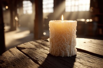 Illuminated Decorative Candle On Rustic Wooden Table