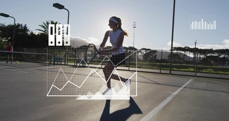 Jogging on court, tennis player activating phone icon and charts, analyzing performance with tech - Powered by Adobe