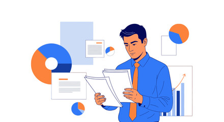 Businessman analyzing financial data and reports with graphs and charts for analysis