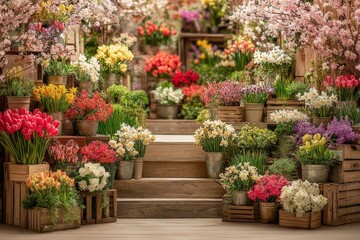 Naklejka premium Abundant Floral Display: Colorful Spring Flowers Arranged in Pots on Wooden Steps, Creating a Festive Garden Scene